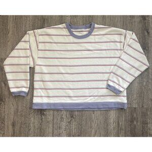 Madewell White Lavender Red Striped Cropped Crewneck Pullover Casual Top Sz Lrg